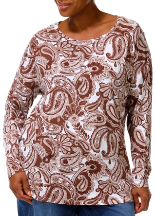 Thumbnail 3: Blue Sol Women's Long Sleeve Paisley Scoop Neck Top 