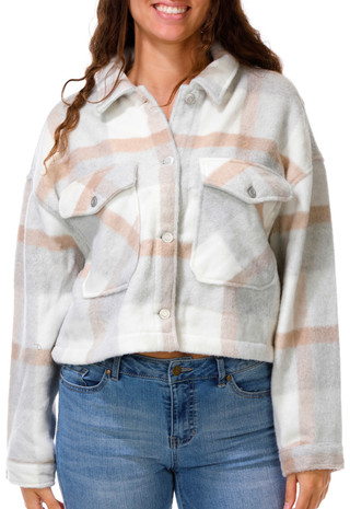 Thumbnail 1: Ci Sono Juniors Long Sleeve Cropped  Plaid Fleece Jacket 