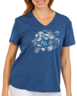 Thumbnail 1: REEL LEGENDS Women's Relaxed Fit Hibiscus Turtle Graphic Tee 