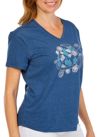 Thumbnail 2: REEL LEGENDS Women's Relaxed Fit Hibiscus Turtle Graphic Tee 