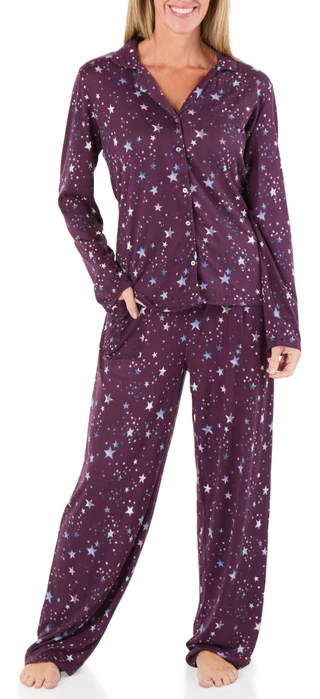 Thumbnail 1: Jaclyn New York Women's 2 Pc Night Sky Starry Button Down Pajama Pants Set 