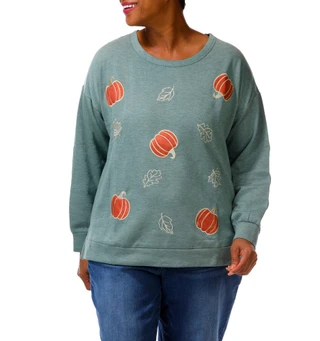 Thumbnail 1: Chenault Women's Plus Embroidered Pumpkin Sweatshirt  
