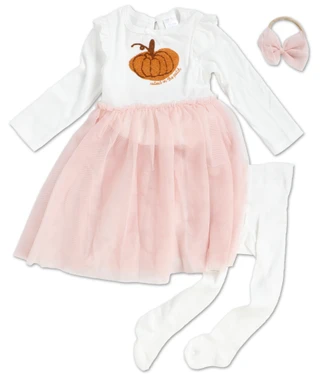 Thumbnail 1: Lila & Jack Baby Girls 3 Pc Harvest Tulle Dress, Tights & Headband Set 