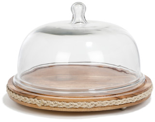 Thumbnail 1: Home Decor Factory Natural Wood Cake Dome w/ Ratan Trim and Metal Ball Feet 