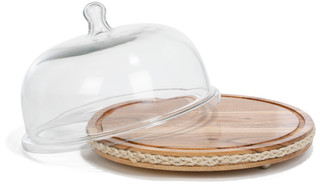 Thumbnail 2: Home Decor Factory Natural Wood Cake Dome w/ Ratan Trim and Metal Ball Feet 