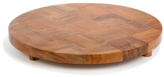 Thumbnail 1: Home Decor Factory Round Checkered Acacia Wood Server Tray w/ Wooden Feet 