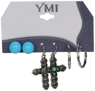 Thumbnail 1: YMI 3 Pk Turquoise Cross, Hoop & Stud Earring Set 