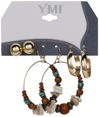 Thumbnail 1: YMI 3 Pk Gold-Toned & Beaded Hoop Earring Set 