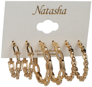 Thumbnail 1: Natasha 3 Pk Gold-Toned Chain Hoop Earring Set 