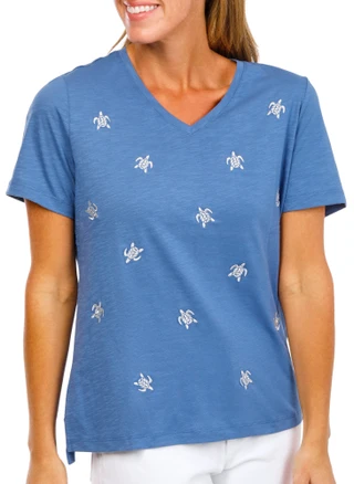 Thumbnail 1: Coral Bay Petite Short Sleeve Silver Turtle Top 