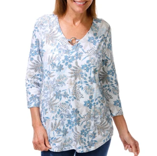 Thumbnail 1: Coral Bay Women's 3/4 Sleeve Floral V Neck Ring Top 