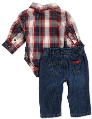 Thumbnail 2: Wrangler Baby Boys Button Down Onesie Shirt & Jeans Set 