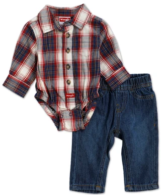 Thumbnail 1: Wrangler Baby Boys Button Down Onesie Shirt & Jeans Set 