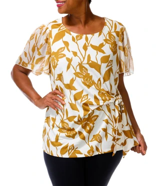 Thumbnail 1: Chenault Women's Plus Short Sleeve Side Tie Waist Blouse 