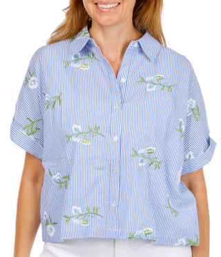 Thumbnail 1: T. Tahari Women's Short Sleeve Embroidered Button Front Top 
