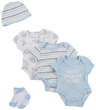 Thumbnail 1: Baby Essentials Baby Boy's 5 Pc Bodysuit Sock Hat Set 