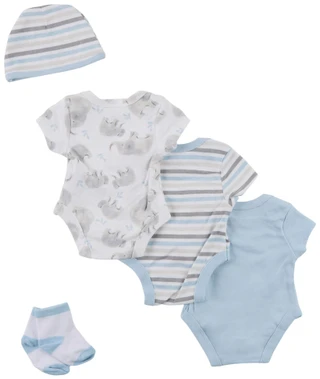 Thumbnail 2: Baby Essentials Baby Boy's 5 Pc Bodysuit Sock Hat Set 