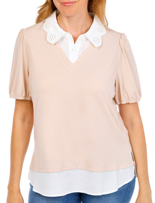 Thumbnail 1: Adrianna Papell Women's Short Sleeve Eyelet Collar Twofer Top 