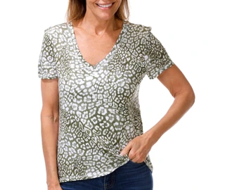 Thumbnail 1: Blue Sol Women's Short Sleeve Olive Leopard Print Luxey Tee 