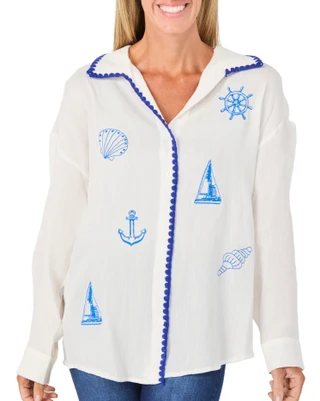 Thumbnail 1: Taelynn Women's Scallop Trim Button Front Embroidered Top 