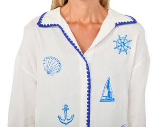 Thumbnail 3: Taelynn Women's Scallop Trim Button Front Embroidered Top 