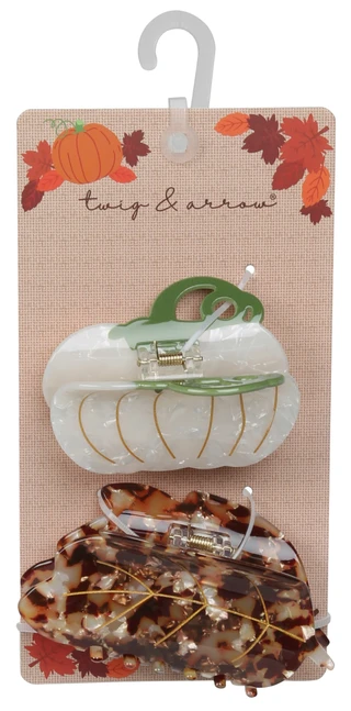 Thumbnail 1: TWIG & ARROW 2 Pk  Harvest Pumpkin & Leaf Claw Hair Clips 