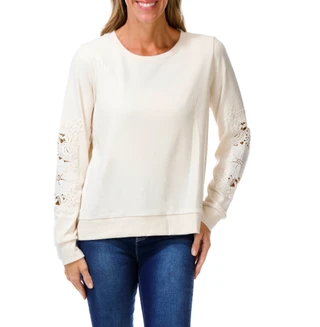 Thumbnail 1: BOBEAU Women's Crochet Sleeve Fleece Top 