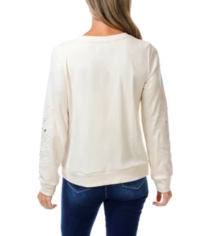 Thumbnail 2: BOBEAU Women's Crochet Sleeve Fleece Top 
