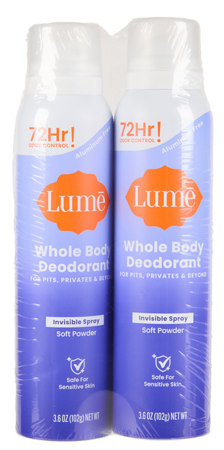 Thumbnail 1: Lume 2 Pk Soft Powder 72 Hour Whole Body Deodorant Spray 