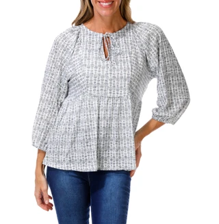 Thumbnail 1: BOBEAU Women's 3/4 Sleeve Keyhole Tie Front Top 