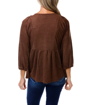 Thumbnail 2: BOBEAU Women's 3/4 Sleeve Keyhole Tie Front Top 