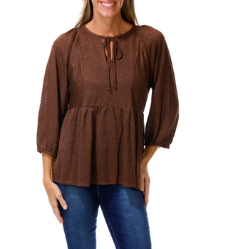 Thumbnail 1: BOBEAU Women's 3/4 Sleeve Keyhole Tie Front Top 