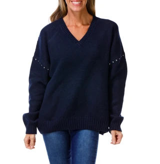 Thumbnail 1: Olive + Oak Women's V-Neck Studded Shoulder Sweater 