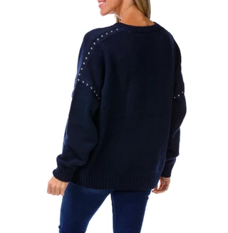 Thumbnail 2: Olive + Oak Women's V-Neck Studded Shoulder Sweater 