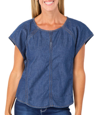 Thumbnail 1: DKNY Women's Short Sleeve Denim Keyhole Top 