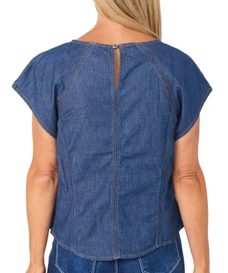 Thumbnail 2: DKNY Women's Short Sleeve Denim Keyhole Top 