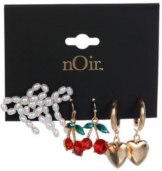 Thumbnail 1: Noir 3-Piece Pearl Bow Cherry Earring Set 