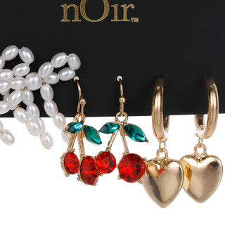 Thumbnail 3: Noir 3-Piece Pearl Bow Cherry Earring Set 