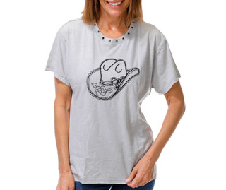 Thumbnail 1: Goodie Two Sleeves  Women's Short Sleeve Grommet Trim Cowboy Embroidered Tee 