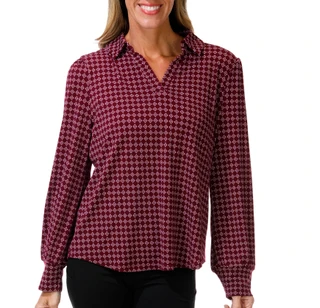 Thumbnail 1: Adrianna Papell Women's Long Sleeve Geo Print Collared Top 