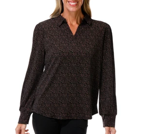 Thumbnail 1: Adrianna Papell Women's Long Sleeve Geo Print Collared Top 