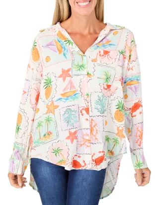 Thumbnail 1: Taelynn Women's Long Sleeve Stamp Print Button Down Top 