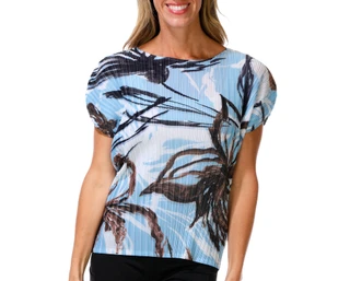 Thumbnail 1: Milano Women's Short Sleeve Pleated Palm Leaf Print Top 