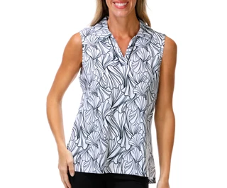 Thumbnail 1: Coral Bay Golf Women's Sleeveless Polo Linework Petals Print Golf Top 