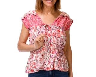 Thumbnail 1: CITY BLUES Women's Extended Cap Sleeve Button Up Top  