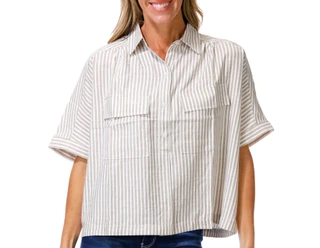 Thumbnail 1: MAX STUDIO Women's Short Sleeve Striped Button Top 