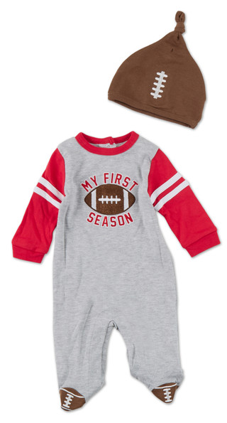 Thumbnail 1: Baby Essentials 2 Pc Baby Boys Football Snap Footies Sleepers With Beanie  