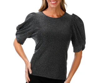 Thumbnail 1: DKNY Women's Short Puff Sleeve Metallic Top 