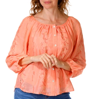 Thumbnail 1: FIGUEROA & FLOWER Women's 3Q Sleeve Embroidered Papaya Button Front Top 