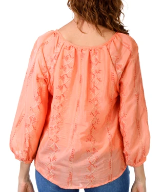 Thumbnail 3: FIGUEROA & FLOWER Women's 3Q Sleeve Embroidered Papaya Button Front Top 